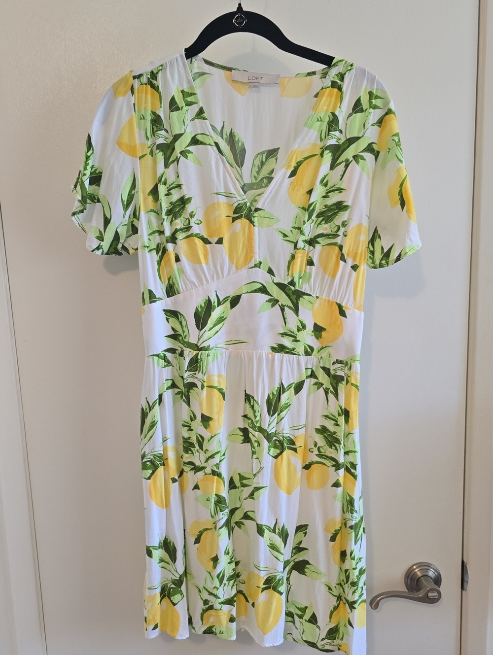 LOFT White Dress with Yellow Lemon and Green Leaf Print